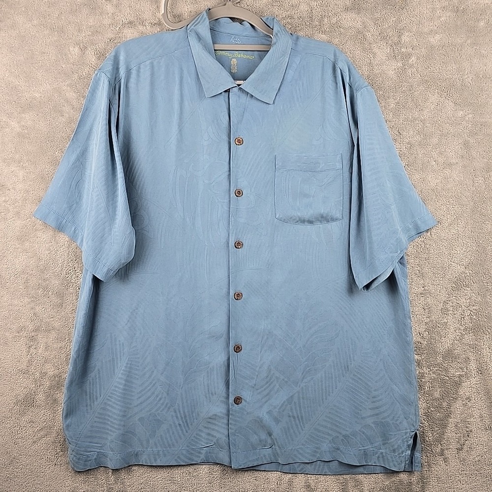 Tommy Bahama‎ Silk Button Shirt Mens Large Blue Floral Embroidered Hawaiian Loop